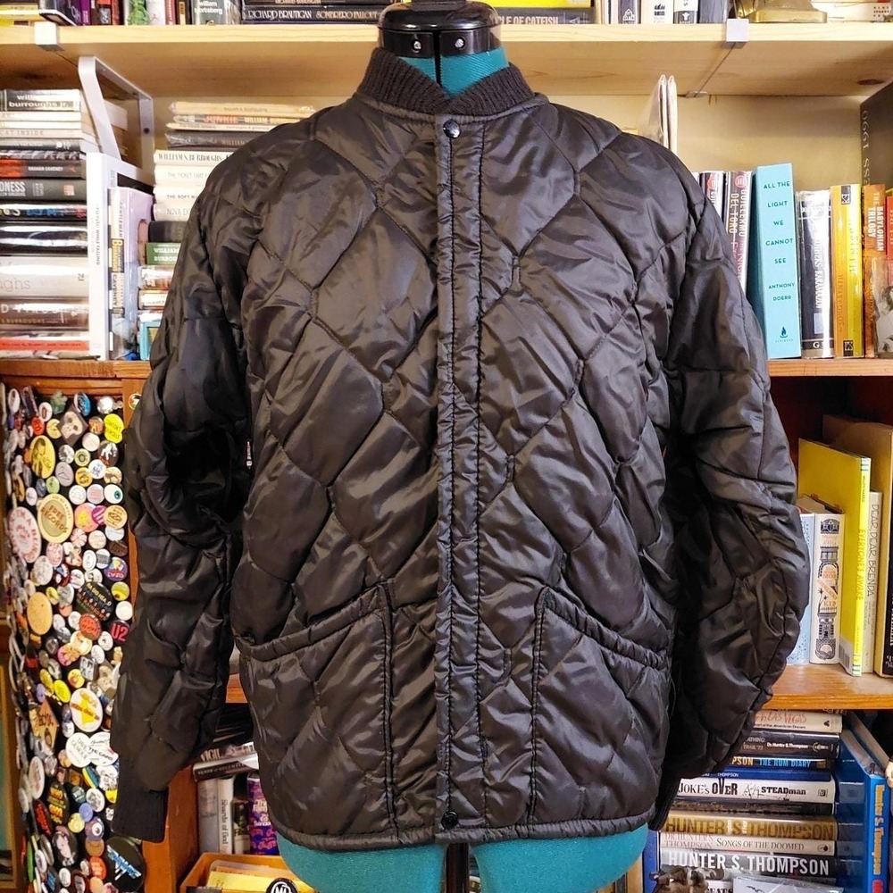 Vintage Quilted Military Liner Jacket Black Nylon Diamond Quilt Medium